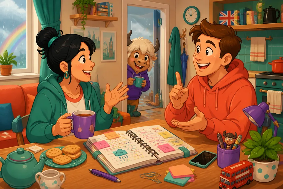 Two people practicing follow-up questions in German during a friendly conversation about a trip.