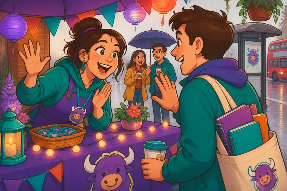 Two friends in a café saying different goodbyes in German: formal and casual farewells.