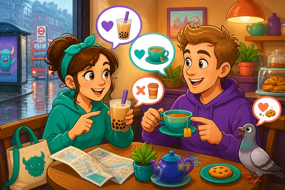 Anna and David having a short conversation about tea, coffee, and favorite drinks to practice preference phrases.