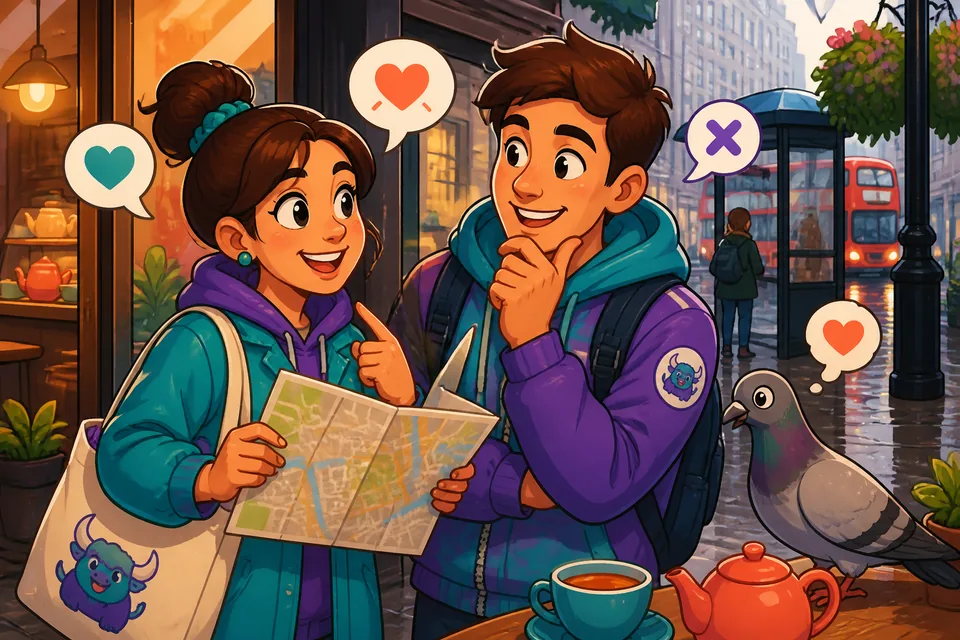 A friendly scene showing learners practicing simple English phrases for likes and dislikes.