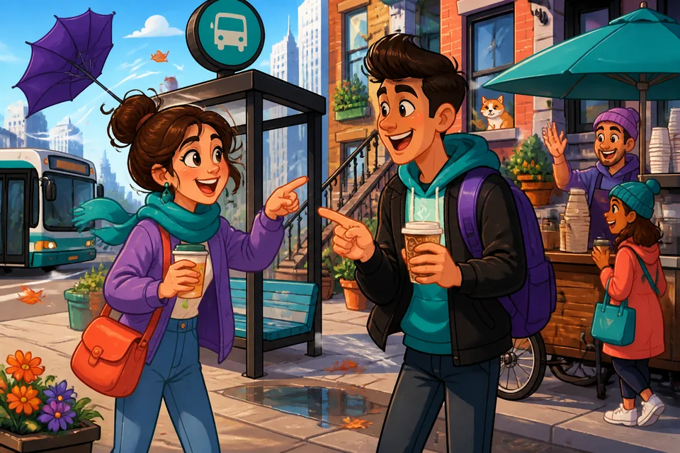 Two friends saying goodbye at a bus stop, practicing phrases like 'Gute Reise' and 'Bis bald'.