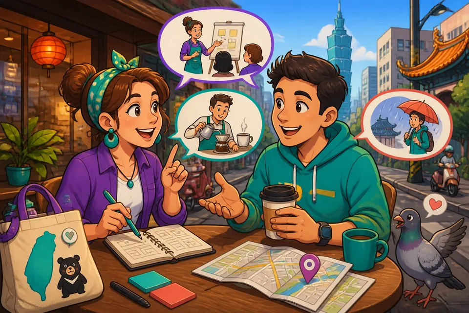Anna and David using several example phrases in a short German dialogue about everyday situations.