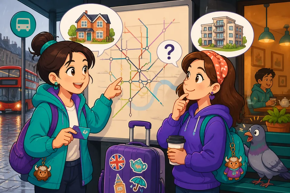 Two friends in a kitchen talking about apartments and who they live with — perfect for practicing living situation phrases.