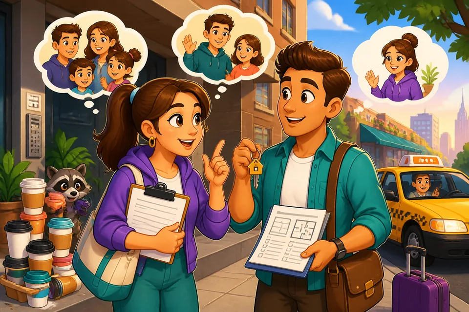 Close-up scene of a short conversation in German where Anna asks about family size and living arrangements.