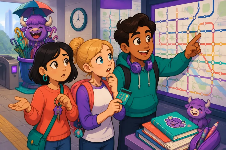 A friendly classroom scene showing a student asking about pages and tests — practicing school vocabulary in German.