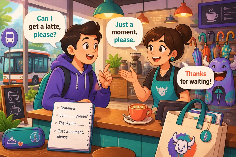 Two people at a counter using polite German phrases: asking, waiting, and thanking.