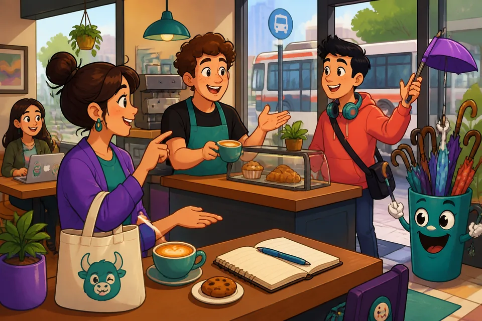 A friendly café scene where learners hear and repeat simple German polite phrases.