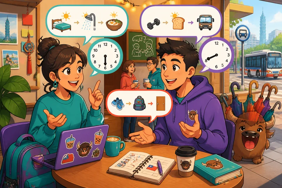 Anna and David discuss when alarms ring, when they leave home, and what they do after school.