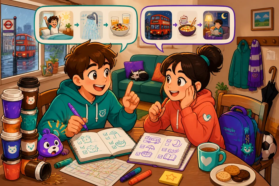 Anna and David compare when they come home, what they eat for breakfast, and their evening habits in German.