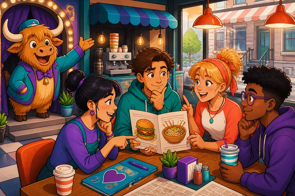 Two friends at a café asking about favourite dishes and ingredients in German.