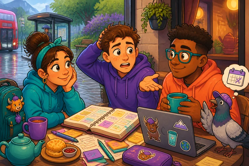 Two friends making weekend plans in German — asking about schedules and sharing what they look forward to.