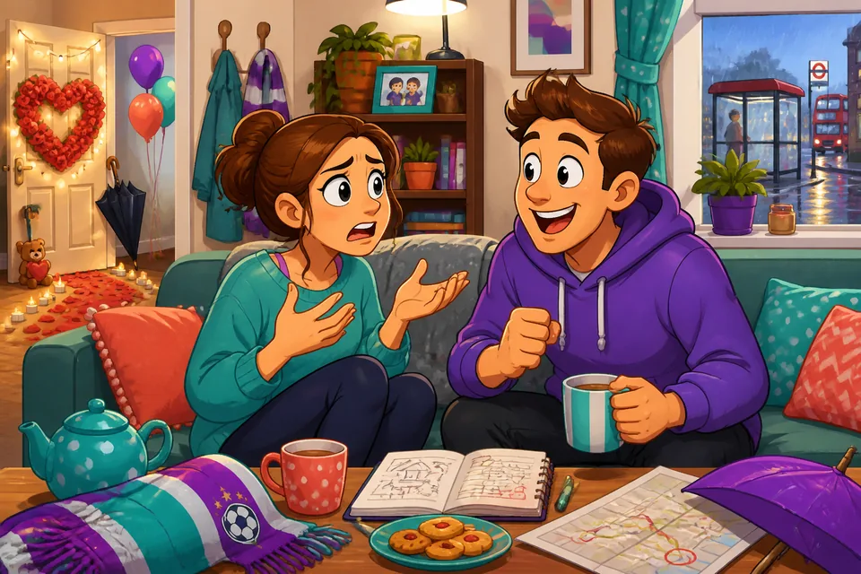 A short dialogue scene where Anna and David use German reaction phrases after hearing news.