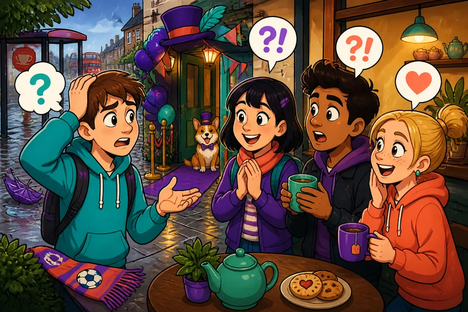 Two people chatting while one reacts with surprise, showing English learners simple German social responses.