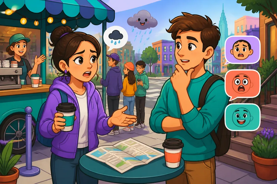 Anna and David exchange news; the scene shows how small German phrases keep conversations warm.