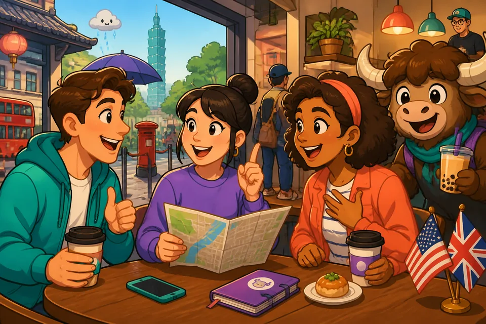 A casual café scene where learners listen and repeat "Gute Idee." and "Auf jeden Fall." in English-guided practice.