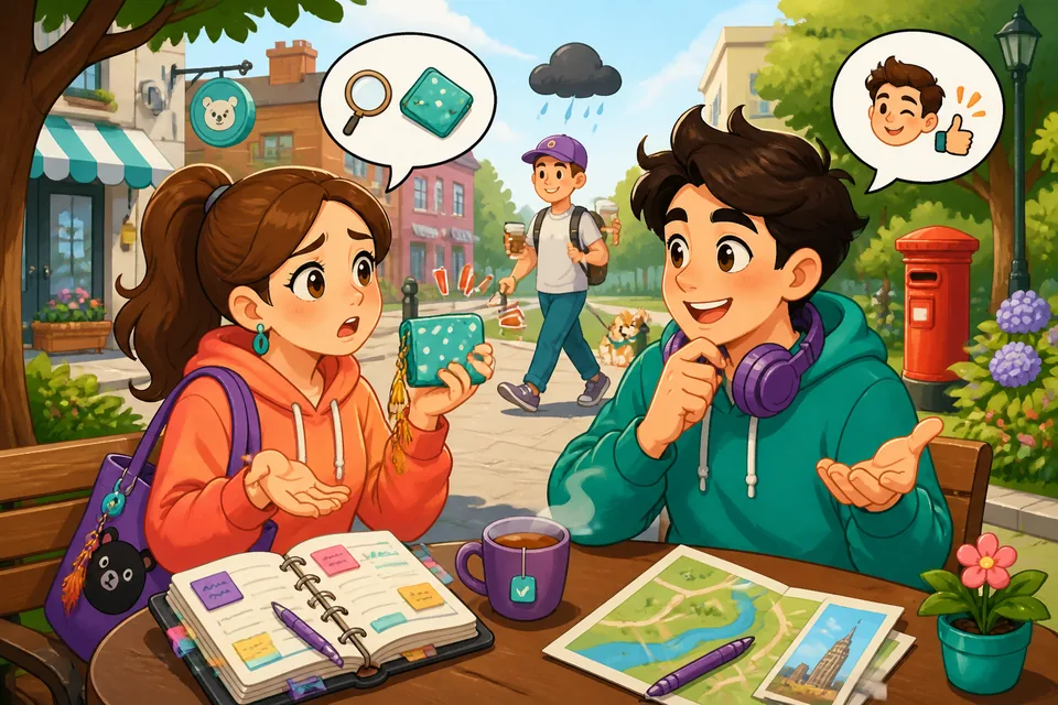Anna asks David for help finding something; the scene shows polite, short requests in German.