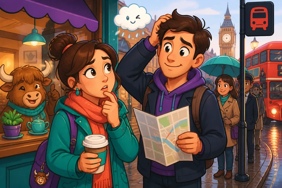 Two friends pausing and searching for a word in German; useful for learning hesitation phrases.