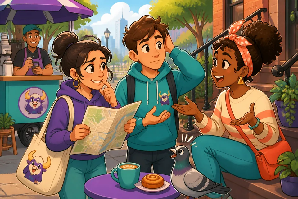 Two friends deciding where to meet — English learners hearing casual German hesitation phrases.