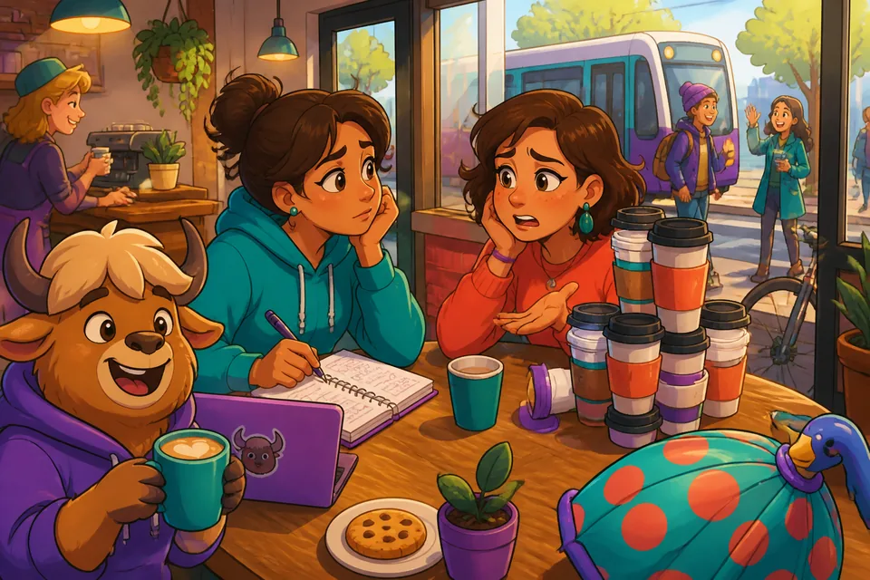 Two friends sitting with coffee, practicing supportive German phrases for listening and reassurance.