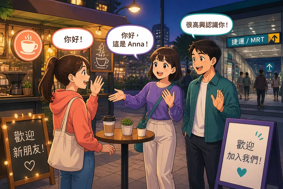 Anna and David talking outside in the evening, using phrases such as こんばんは and 私も入っていいですか to join the conversation.