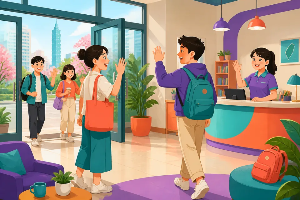 A friendly teacher pointing at speech bubbles with common Japanese greetings like こんにちは and やあ.