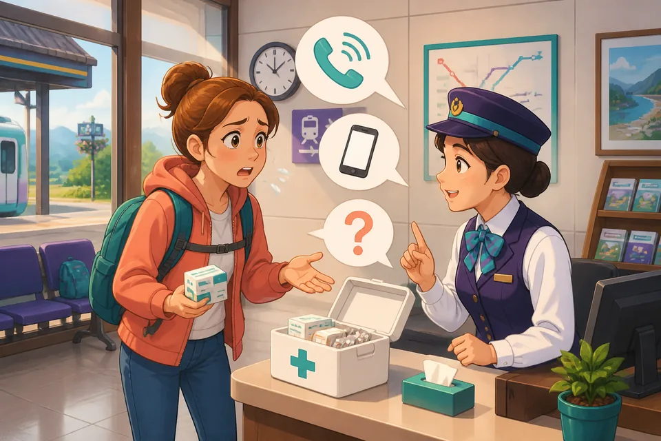 Anna and David in a small station: Anna gestures and says 緊急です。 and asks for a phone; the worker responds helpfully.