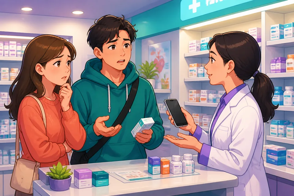 A close-up of a traveler speaking with a shop worker, showing polite Japanese phrases for requesting help and phone use.