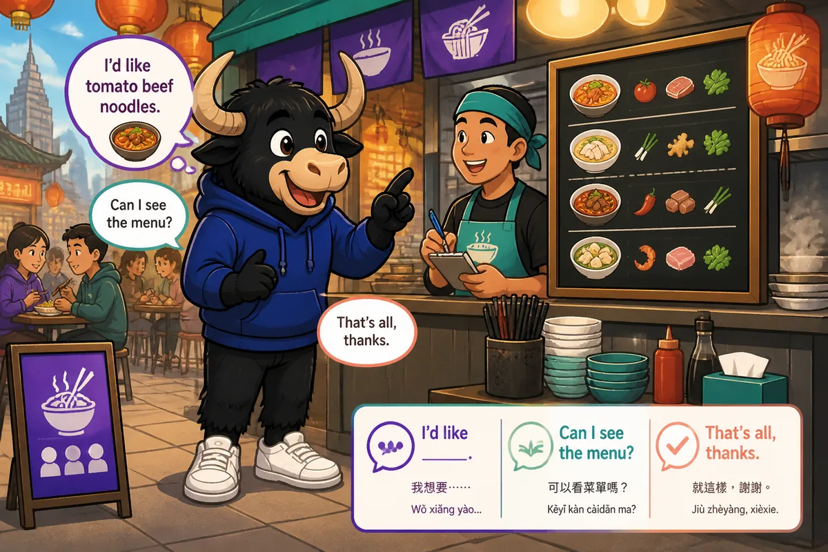 A smiling customer ordering at a Japanese cafe counter, Japanese ordering phrases visible, theme: ordering food in Japanese.