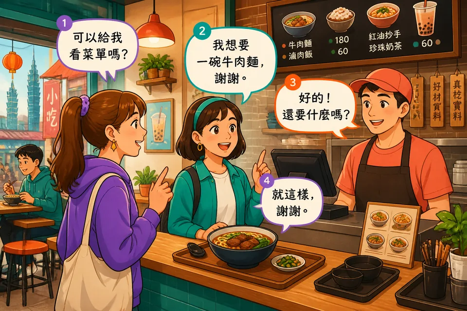 Two people at a small table practicing Japanese ordering phrases, one points to a menu while the other speaks to the server.