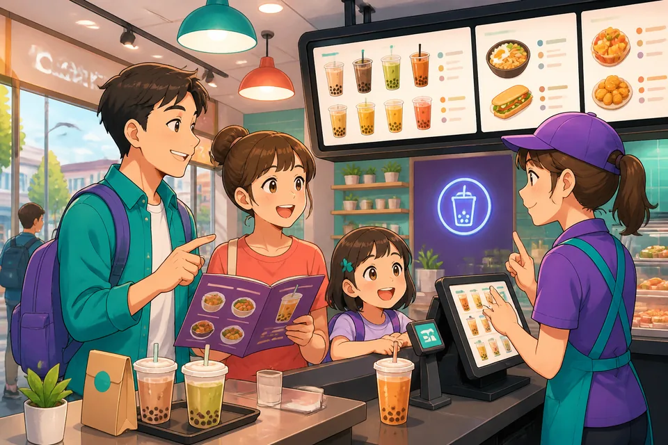 A friendly café interior with a menu board in Japanese and customers deciding what to order, showing common ordering phrases.