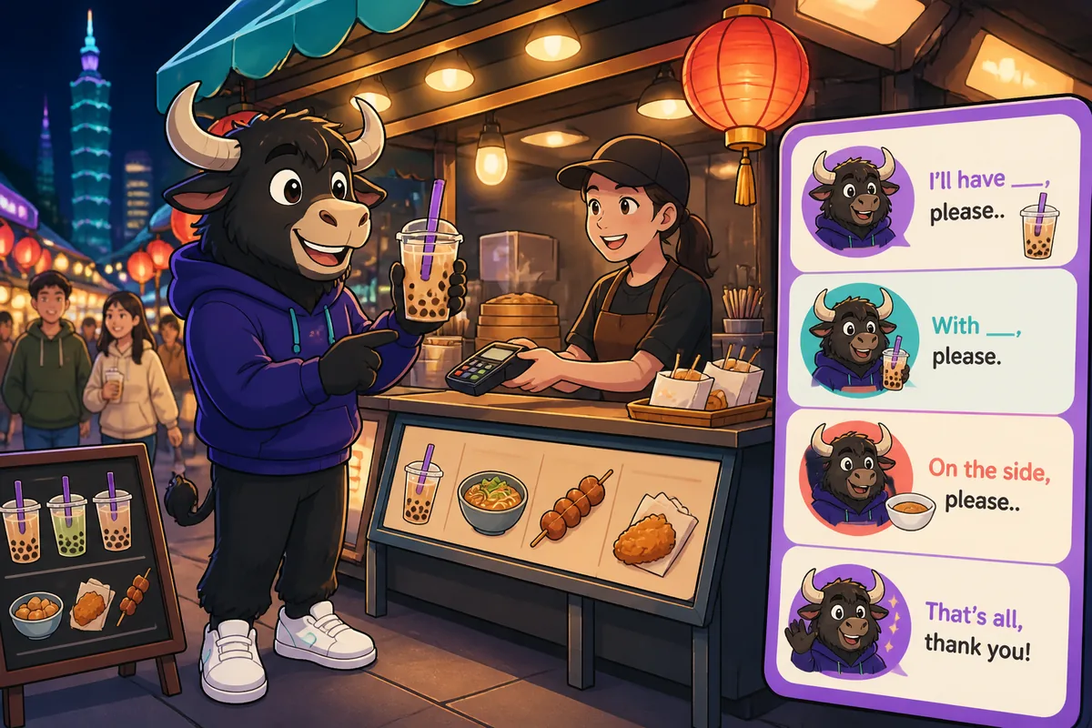 A smiling server taking an order at a small Japanese restaurant — scene shows polite Japanese phrases for ordering food.