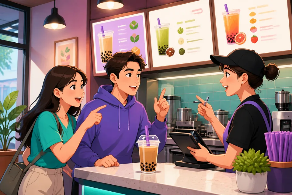 A cozy café counter with a menu board in Japanese; a customer practices polite ordering phrases.