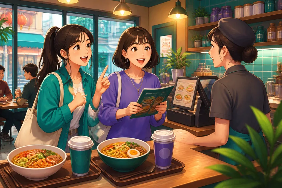 Two friends at a café table, pointing at a menu and asking about a dish; the dialogue practices ordering and asking if a dish is spicy.