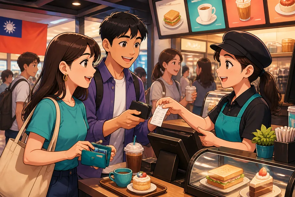 A friendly barista behind a counter asking a customer whether they will eat in or take away — Japanese café interaction for this lesson.