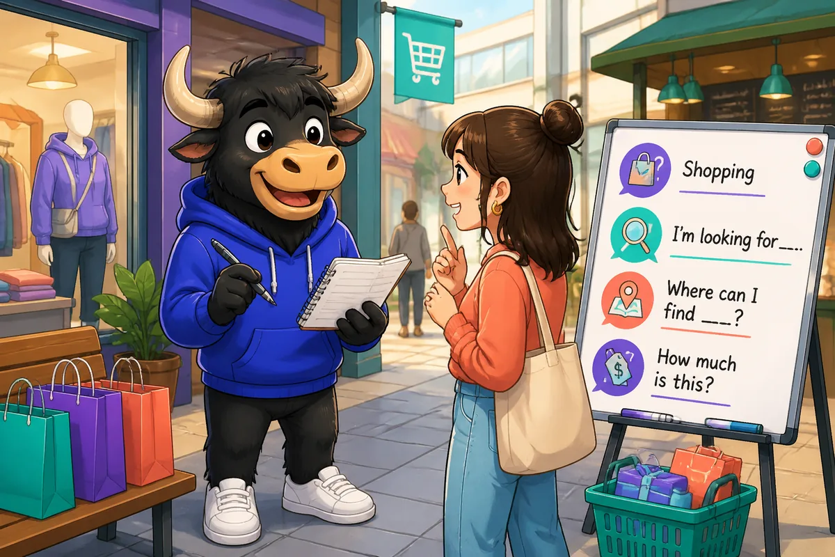 A shopper in a bright clothing store in Japan, holding a dress and asking a staff member questions in Japanese about size and price.