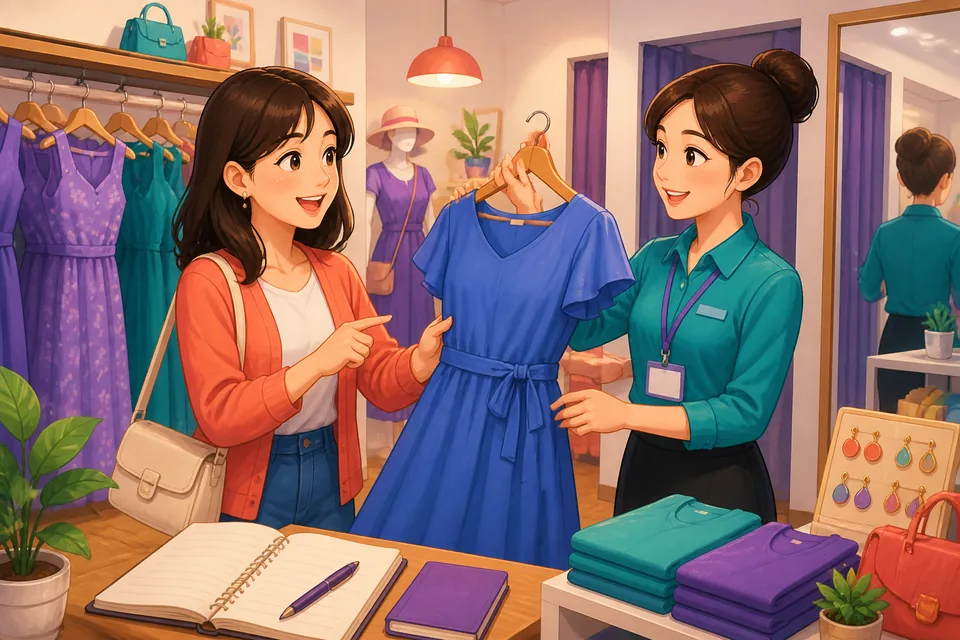 Two people near a fitting room: a shopper asking to try something on and a staff member pointing toward the fitting rooms while answering in Japanese.