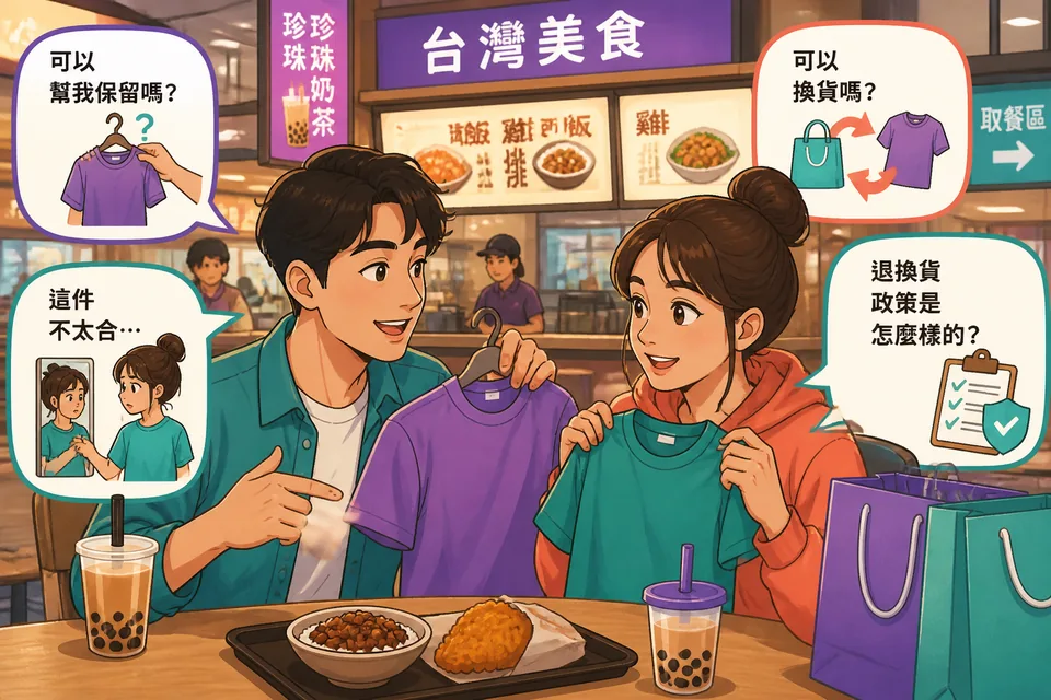 Two people at a shop counter — the customer asks about availability and exchange; the clerk explains the return policy and options.