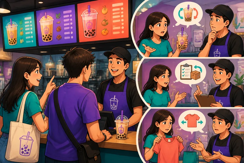 A bright clothing store with a customer holding a shirt and a friendly clerk answering questions about sizes, exchanges, and holding items.