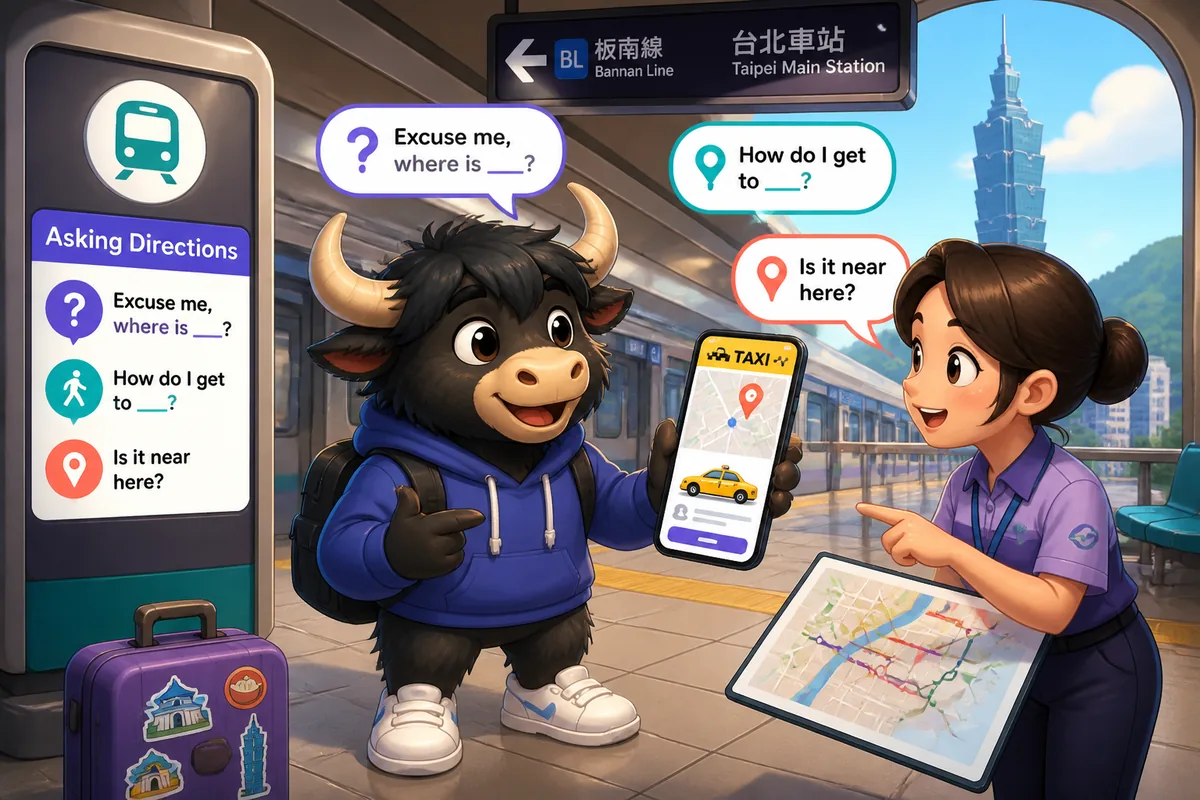 A friendly street scene in Japan with a person asking for directions near a train station; text shows Japanese direction phrases.