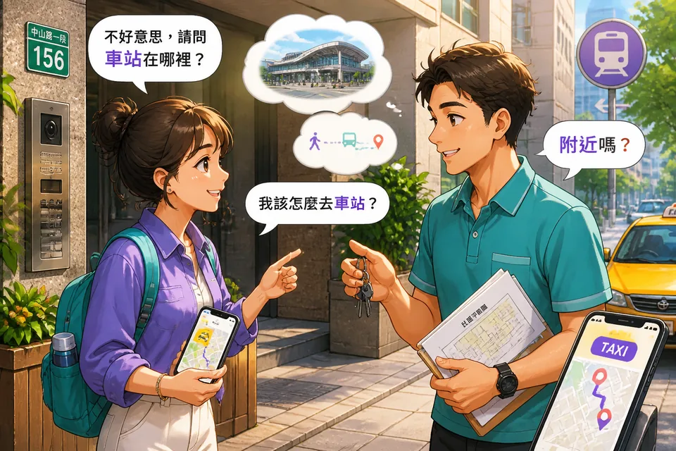 Two people on a sidewalk: one asks how to get somewhere and the other points and says まっすぐ行ってください, 左に曲がってください.