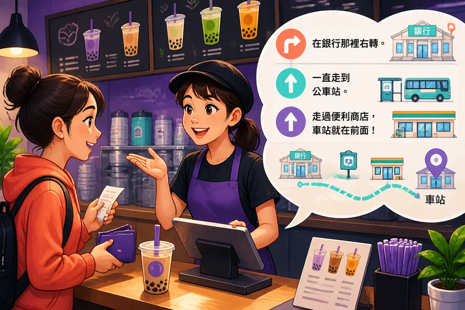 Two people talking at a street corner by a bank and bus stop; they use Japanese direction phrases from the lesson.