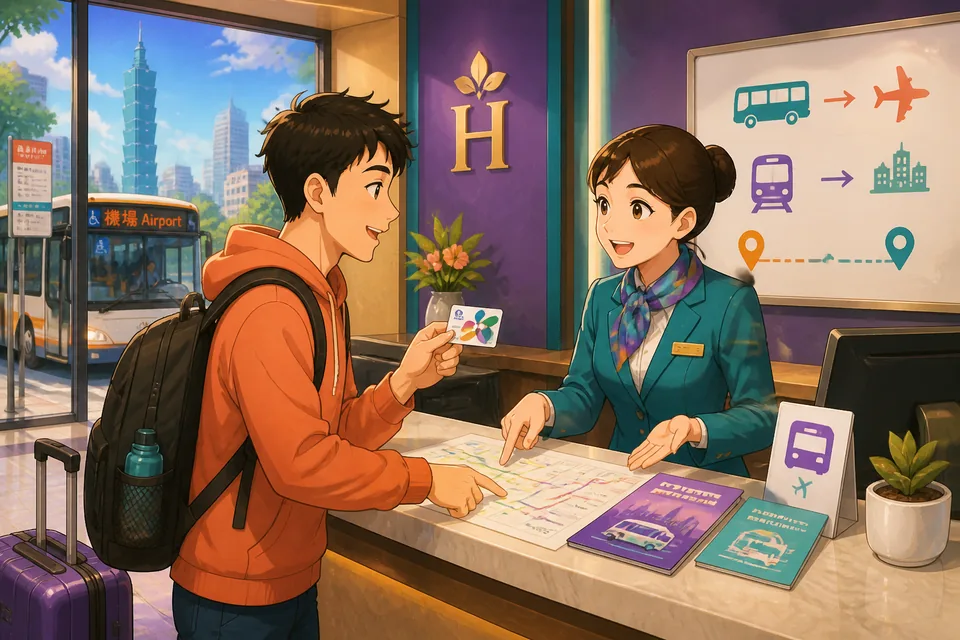 Two people near a platform asking about the next stop and whether a train goes to the airport, speaking polite Japanese.
