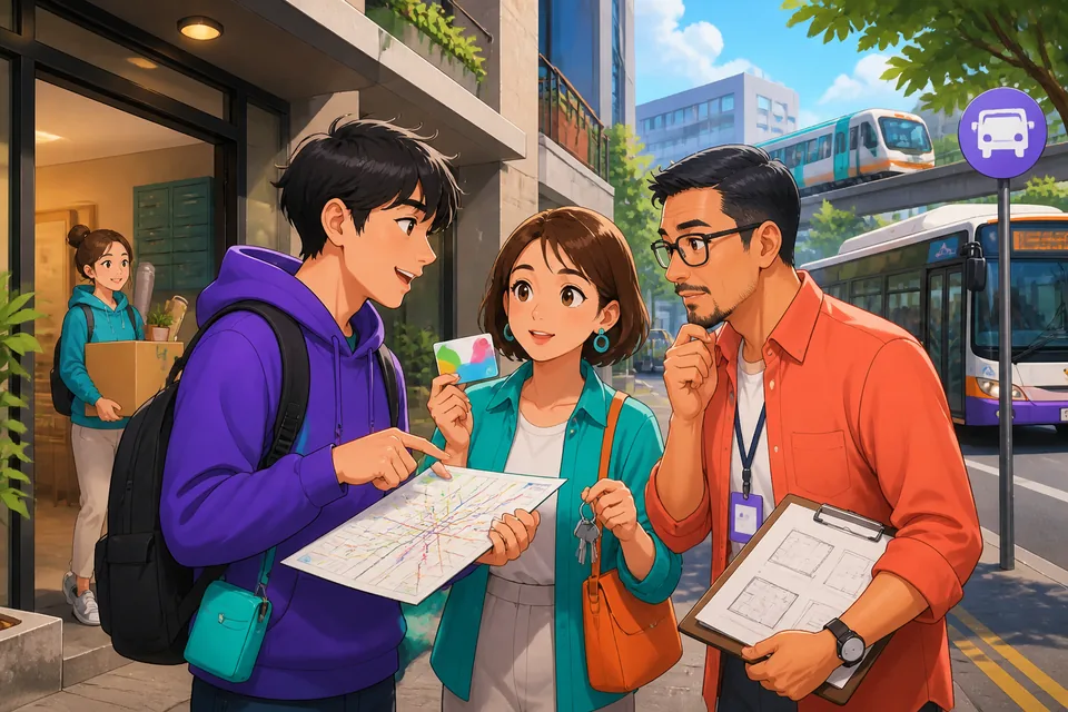 A traveler at a bus stop asking which bus goes to the airport in Japanese, showing ticket machines and route signs.