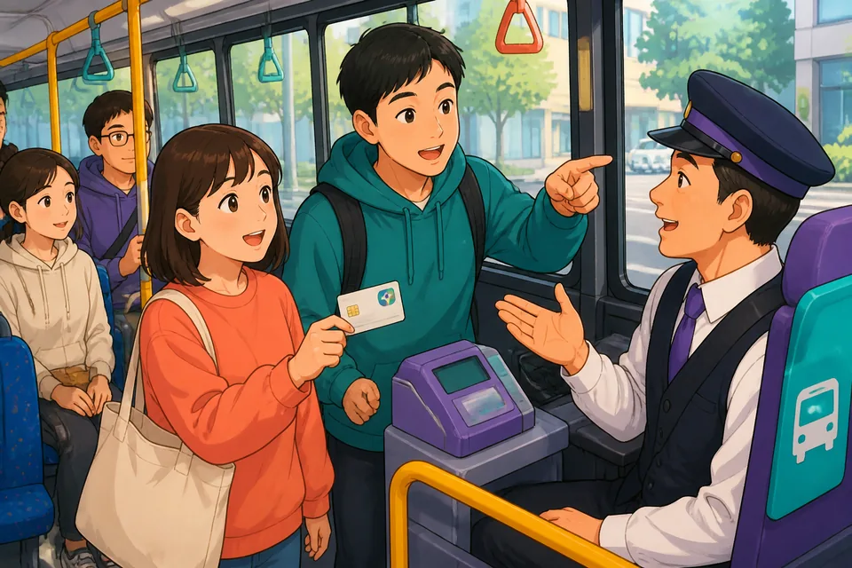 A friendly bus interior scene in Japan with passengers and a ticket machine; the image highlights asking about buying tickets on board.