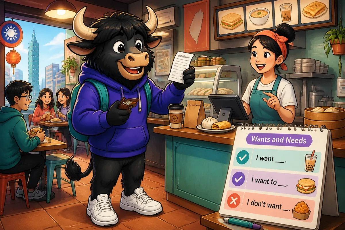 A friendly café scene in Japan where a customer politely asks for items in Japanese — practicing wants and needs phrases.