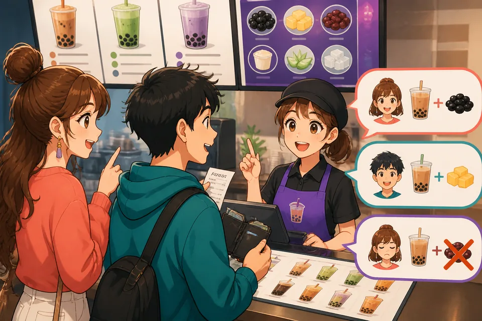 Two friends in a bakery ordering items and asking to try something, demonstrating phrases like 〜をください and これを試してもいいですか。