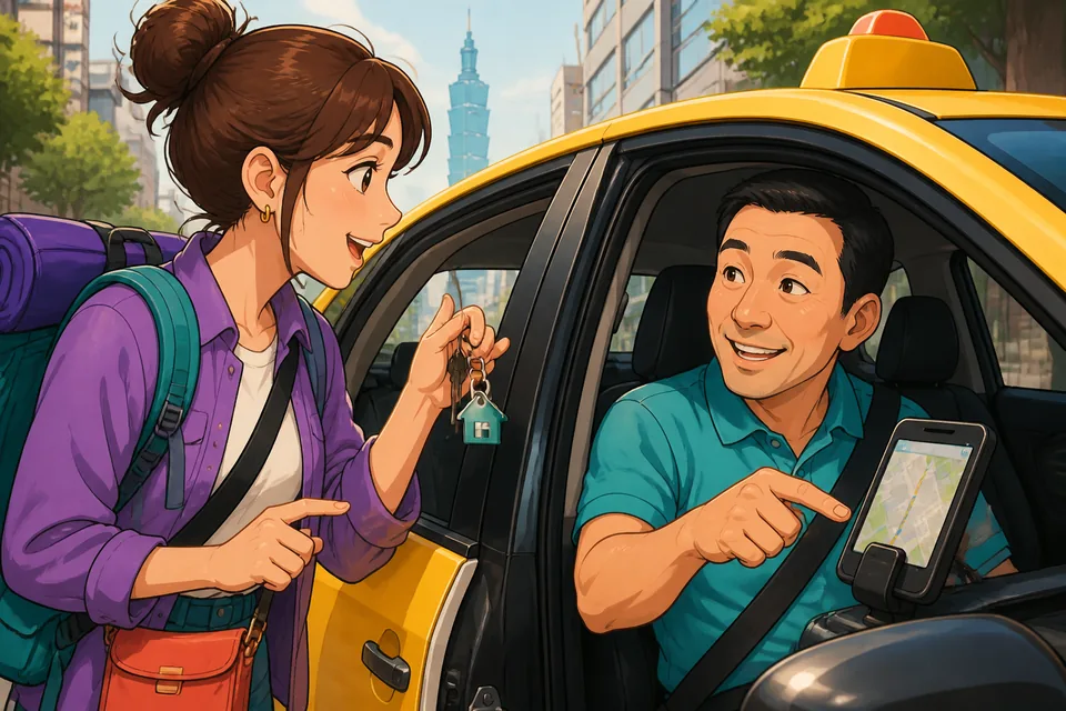 A passenger stepping into a taxi and telling the driver the destination in Japanese — useful lines for pickups and drop-offs.