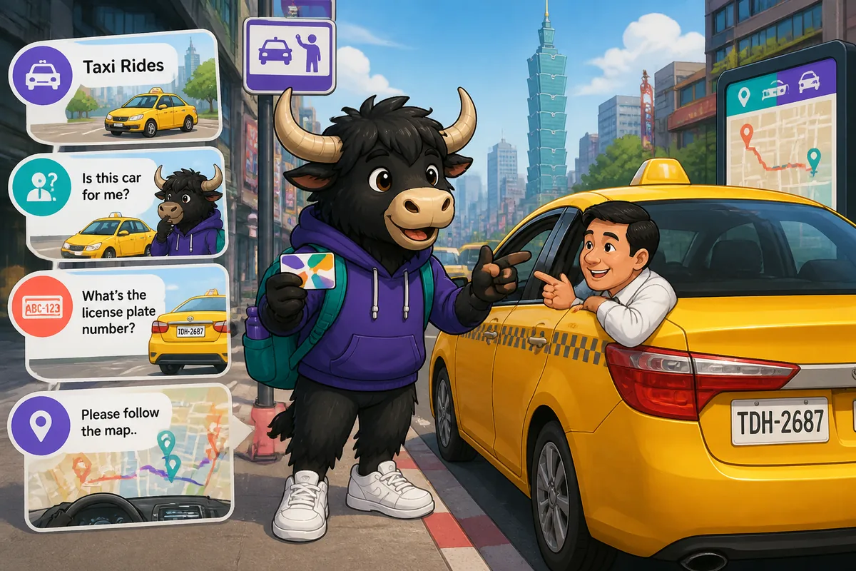 A passenger checking a ride on a phone and greeting a taxi driver in Japanese; topic: taxi rides and in-car requests.