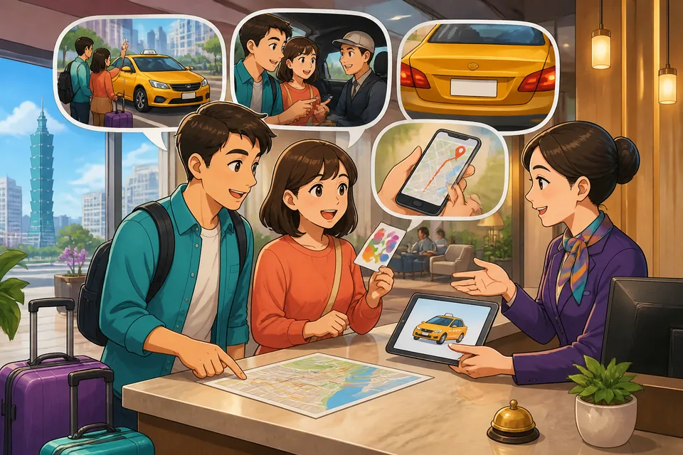 Inside the taxi: passenger and driver speaking politely in Japanese about the route, a short stop, and the drop-off location.