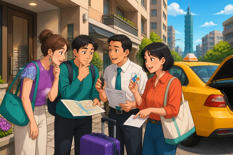 A city street at dusk with a taxi pulling up; the passenger is confirming the car and asking about the meter in Japanese.